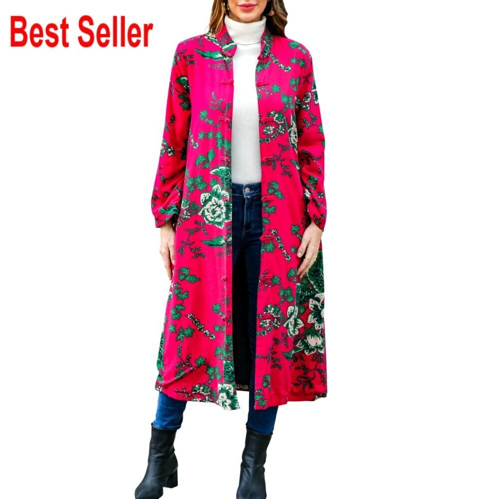 Vintage Floral Trench Coat Plus Size Cotton Linen Boho Long Jacket with Pockets